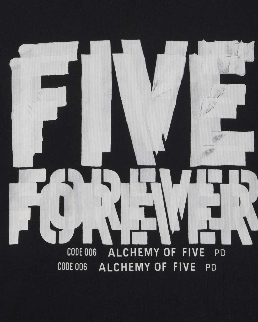 Sp5der Distort Tee onyx, close-up of the FIVE FOREVER graphic and Alchemy of Five code text