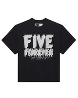 Sp5der Distort Tee onyx, black boxy tee with distorted white FIVE FOREVER graphic, front view