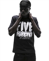 Sp5der Distort Tee onyx worn by a model, front view with FIVE FOREVER graphic
