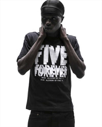 Sp5der Distort Tee onyx worn by a model, front view with FIVE FOREVER graphic