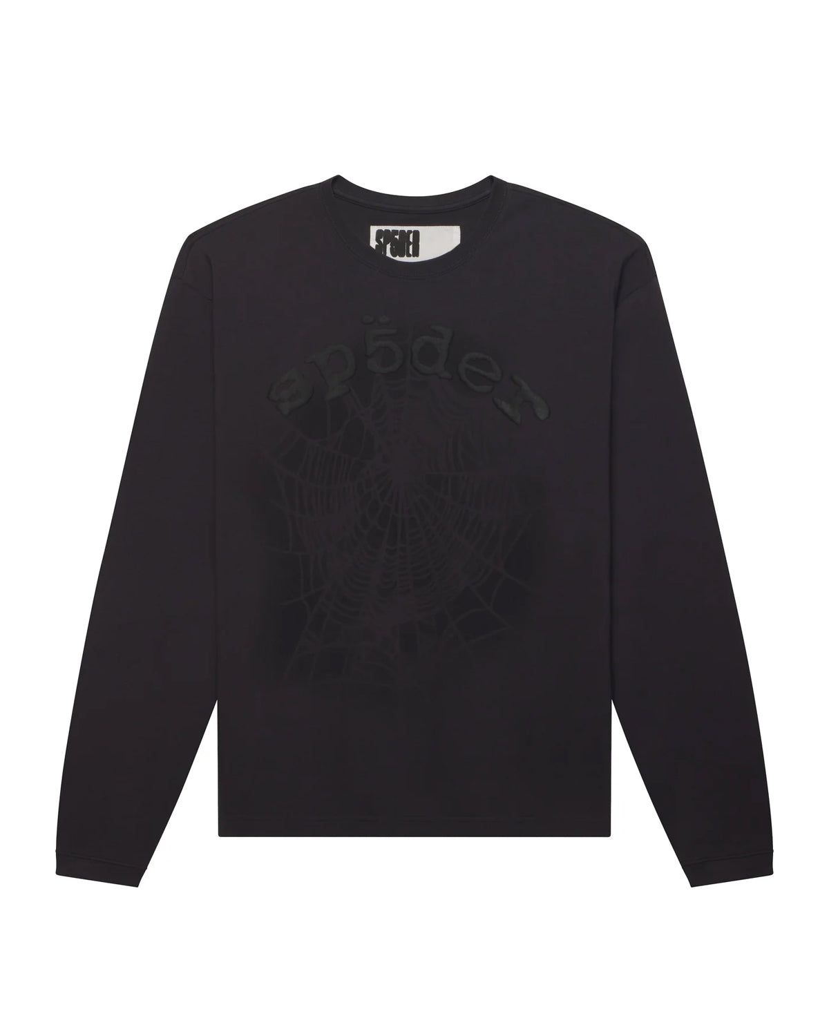Sp5der Distressed OG Web V2 L/S granite black, long sleeve with tonal puff web graphic, front view