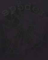 Sp5der Distressed OG Web V2 L/S granite black, close-up of the tonal Sp5der web print