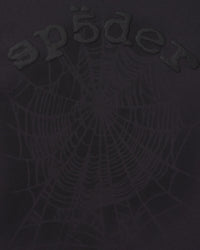 Sp5der Distressed OG Web V2 L/S granite black, close-up of the tonal Sp5der web print