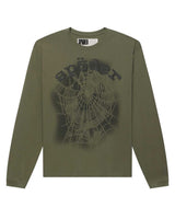 Sp5der Distressed OG Web V2 L/S olympian green, long sleeve with black distressed web graphic, front view