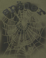Sp5der Distressed OG Web V2 L/S olympian green, close-up of the black Sp5der lettering and faded web print