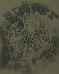 Sp5der Distressed OG Web V2 L/S olympian green, close-up of the black Sp5der lettering and faded web print