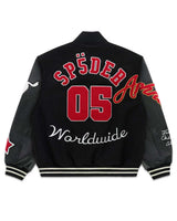 Sp5der District Cuntry Varsity Jacket black, back view with chenille SP5DER 05 Worldwide graphic