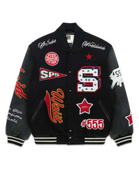 Sp5der District Cuntry Varsity Jacket black, varsity jacket with chenille SP5, S, #555 and Waiit patches, front view