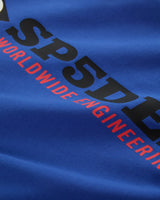 Sp5der Engineer Tee blue, angled close-up of the printed chest wordmark on the jersey