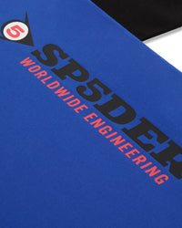 Sp5der Engineer Tee blue, close-up of the vertical SP5DER wordmark and red Worldwide Engineering text