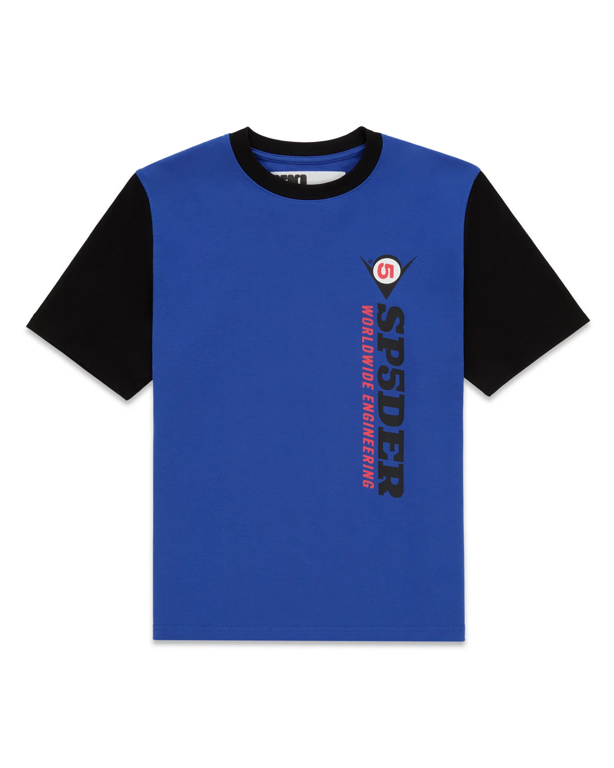 Sp5der Engineer Tee blue, royal blue tee with black sleeves and a vertical SP5DER Worldwide Engineering print, front view