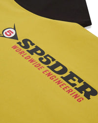 Sp5der Engineer Tee yellow, close-up of the vertical SP5DER wordmark and red Worldwide Engineering text