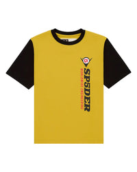 Sp5der Engineer Tee yellow, mustard yellow tee with black sleeves and a vertical SP5DER Worldwide Engineering print, front view