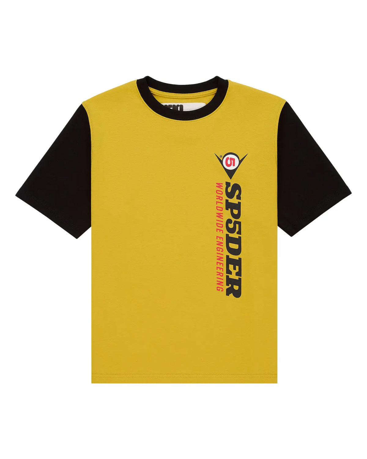Sp5der Engineer Tee yellow, mustard yellow tee with black sleeves and a vertical SP5DER Worldwide Engineering print, front view