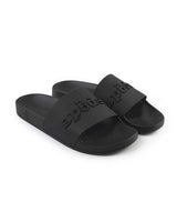 Sp5der Enzo Slide black, pair of black slides with a raised tonal Sp5der logo strap, angled front view
