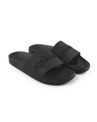 Sp5der Enzo Slide black, pair of black slides with a raised tonal Sp5der logo strap, angled front view