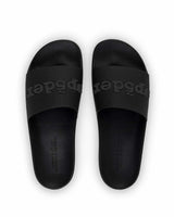 Sp5der Enzo Slide black, top-down view of the pair showing the Sp5der logo straps