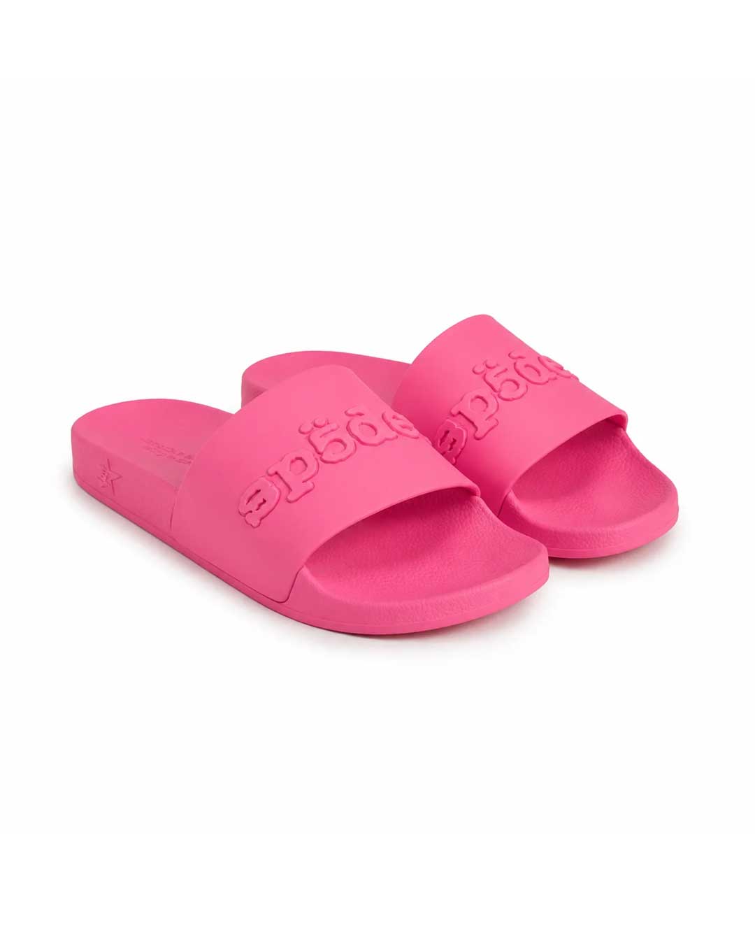Sp5der Enzo Slide pink, tonal pink molded rubber slides with an embossed sp5der strap, angled pair view