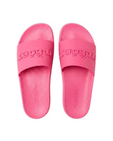 Sp5der Enzo Slide pink, top-down view of the pair showing the embossed sp5der straps and textured footbeds