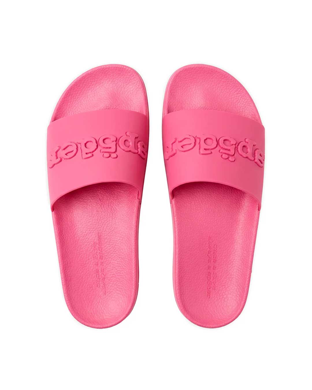 Sp5der Enzo Slide pink, top-down view of the pair showing the embossed sp5der straps and textured footbeds