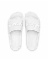 Sp5der Enzo Slide white, top-down view of the pair showing the Sp5der logo straps