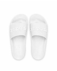 Sp5der Enzo Slide white, top-down view of the pair showing the Sp5der logo straps