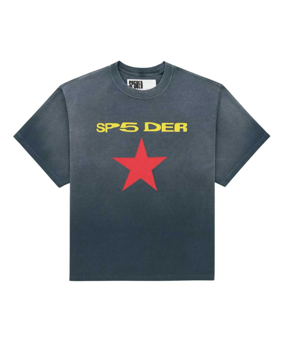Sp5der Five Point Tee vintage black, faded cotton T-Shirt with yellow SP5DER wordmark and red five-point star, front view