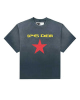 Sp5der Five Point Tee vintage black, faded cotton T-Shirt with yellow SP5DER wordmark and red five-point star, front view