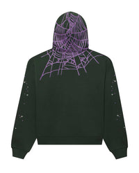 Sp5der Heavy Web Hoodie dark green, back view with a purple spiderweb across the hood