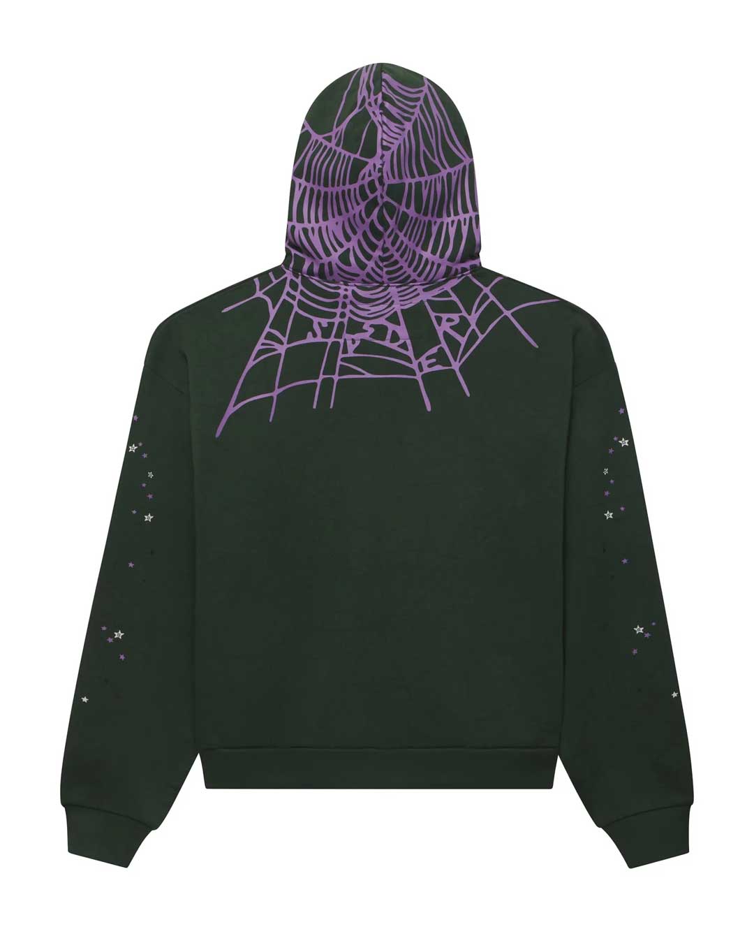 Sp5der Heavy Web Hoodie dark green, back view with a purple spiderweb across the hood