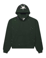 Sp5der Heavy Web Hoodie dark green, fleece hoodie with a white star on the hood, front view