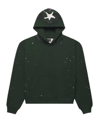 Sp5der Heavy Web Hoodie dark green, fleece hoodie with a white star on the hood, front view