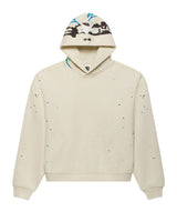 Sp5der Heavy Web Hoodie foam cream, fleece hoodie with a printed hood and star accents, front view