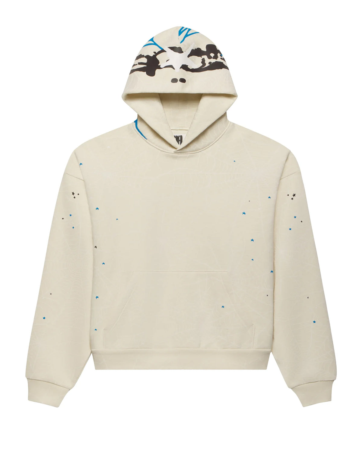 Sp5der Heavy Web Hoodie foam cream, fleece hoodie with a printed hood and star accents, front view