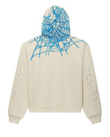 Sp5der Heavy Web Hoodie foam cream, back view with a blue spiderweb across the hood