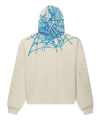 Sp5der Heavy Web Hoodie foam cream, back view with a blue spiderweb across the hood