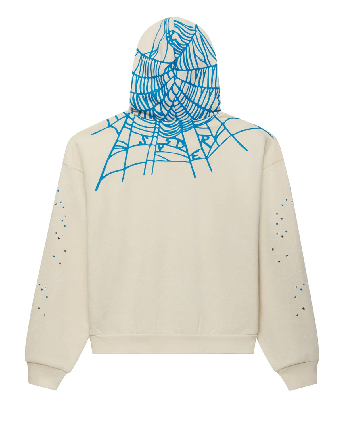 Sp5der Heavy Web Hoodie foam cream, back view with a blue spiderweb across the hood