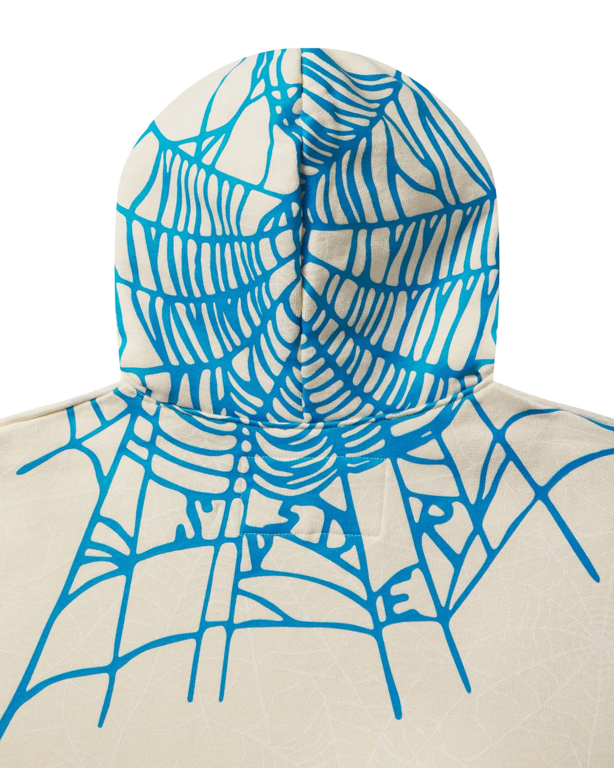 Sp5der Heavy Web Hoodie foam cream, close-up of the blue spiderweb on the hood