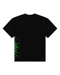 Sp5der Heavy Web SS Tee black, back view with the green spiderweb wrapping the opposite side seam