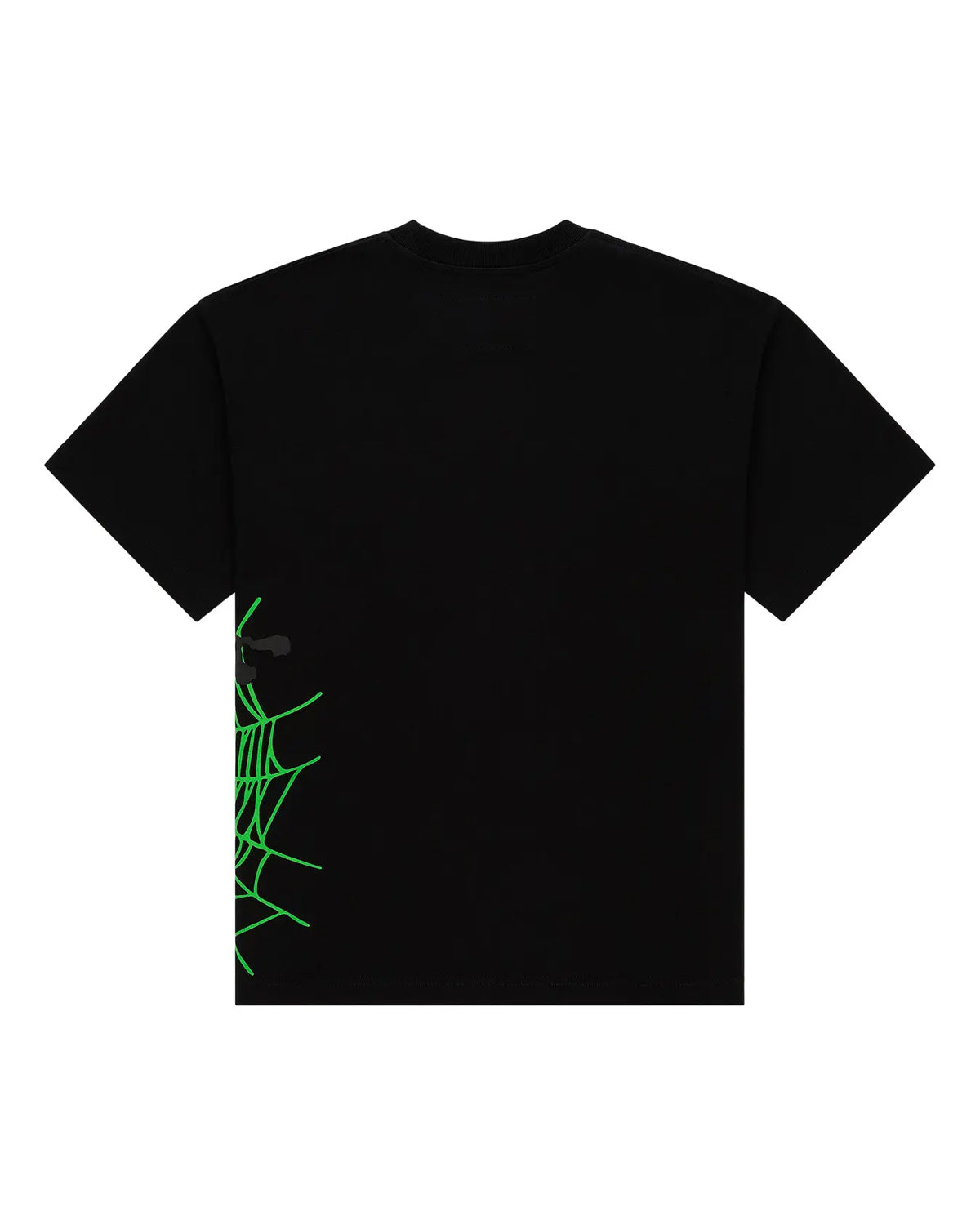 Sp5der Heavy Web SS Tee black, back view with the green spiderweb wrapping the opposite side seam