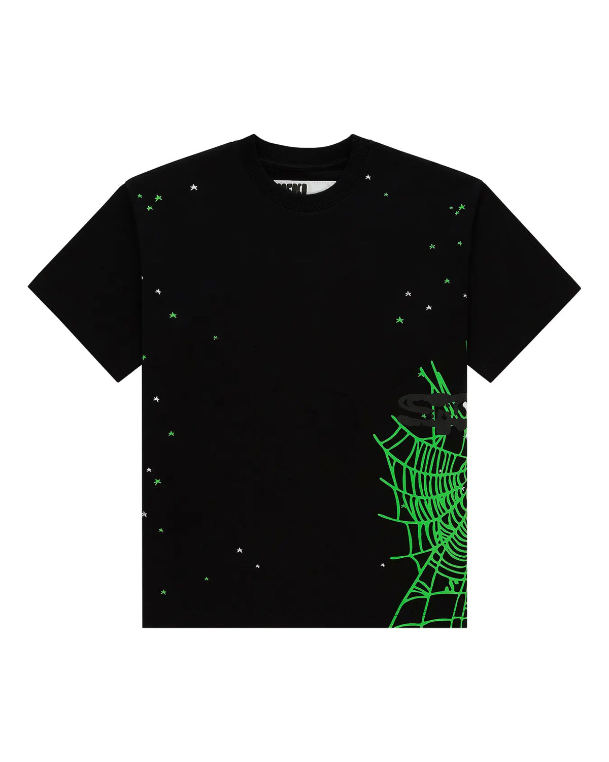 Sp5der Heavy Web SS Tee black, heavyweight black tee with a green spiderweb at the side seam and star rhinestones, front view