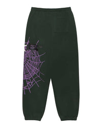 Sp5der Heavy Web Sweatpants dark green, back view with the purple spiderweb wrapping the leg
