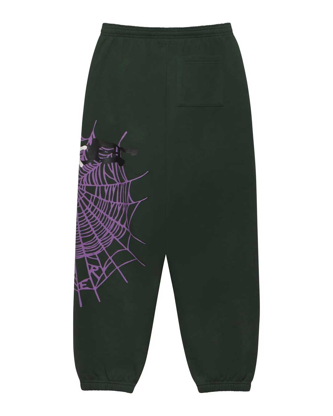 Sp5der Heavy Web Sweatpants dark green, back view with the purple spiderweb wrapping the leg