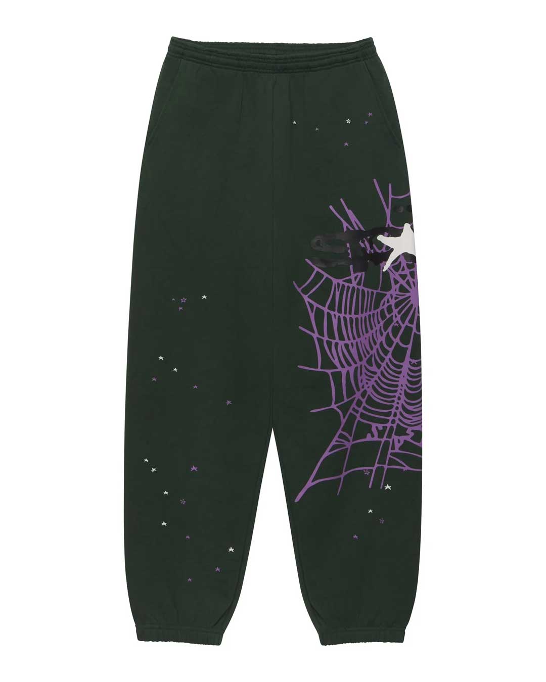 Sp5der Heavy Web Sweatpants dark green, sweatpants with an oversized purple spiderweb and white star on the leg, front view