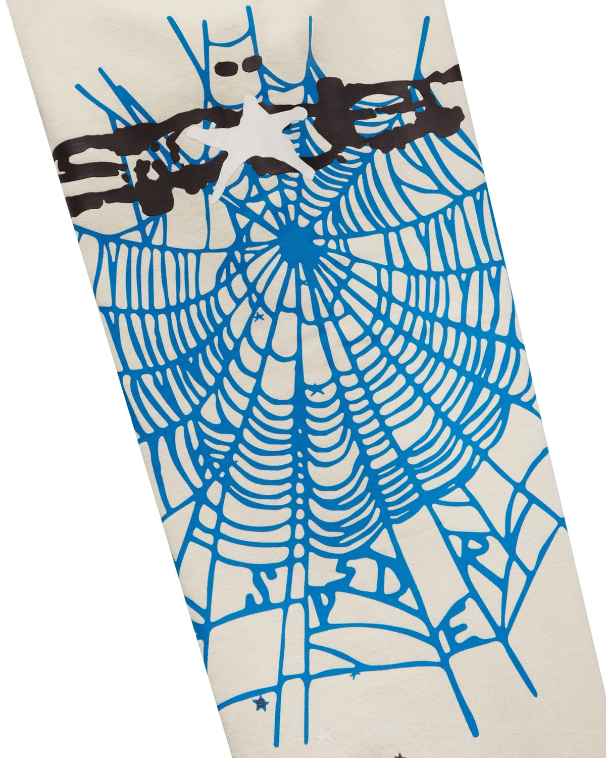 Sp5der Heavy Web Sweatpants foam cream, close-up of the blue spiderweb and Sp5der logo on the leg
