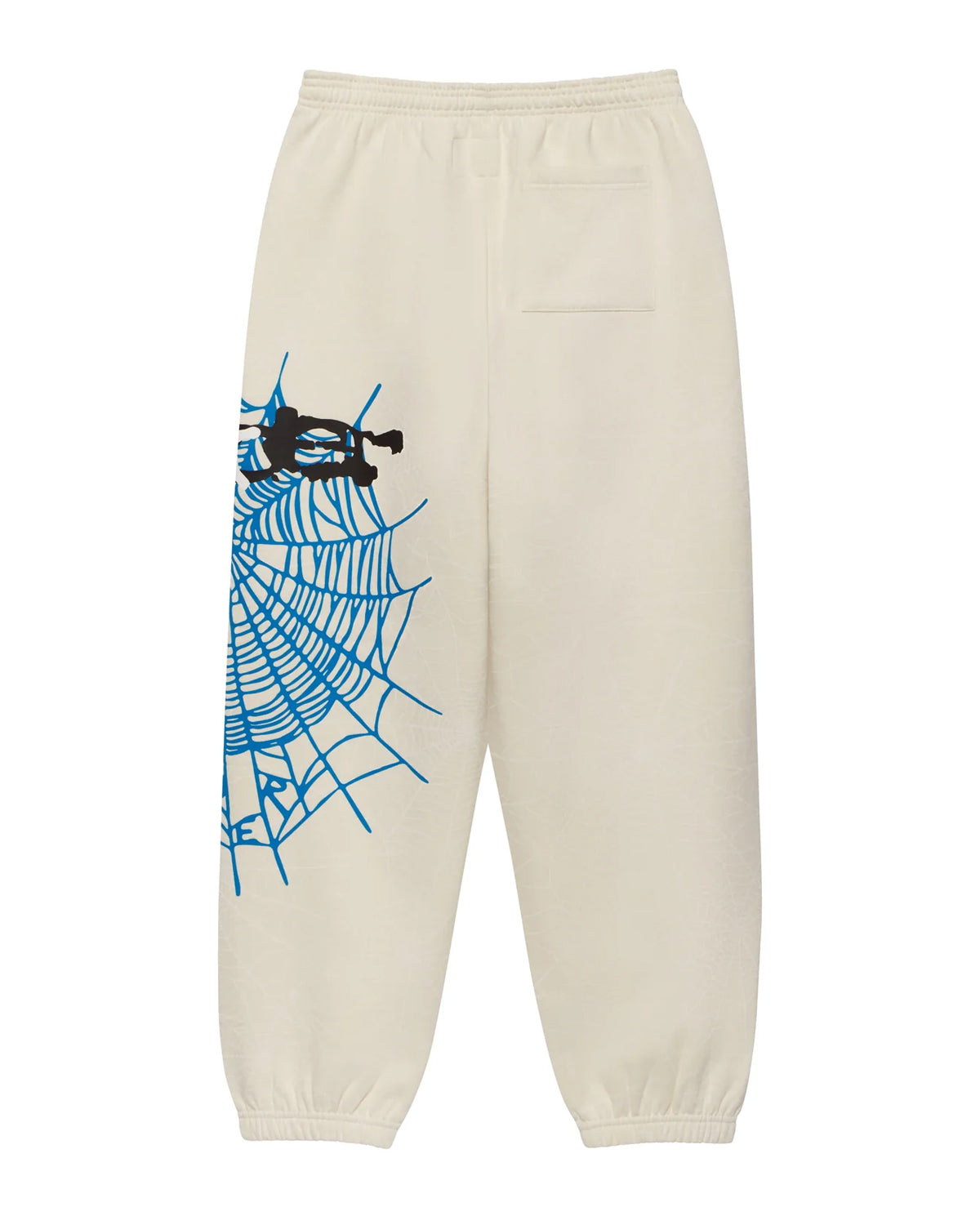 Sp5der Heavy Web Sweatpants foam cream, back view with the blue spiderweb wrapping the leg