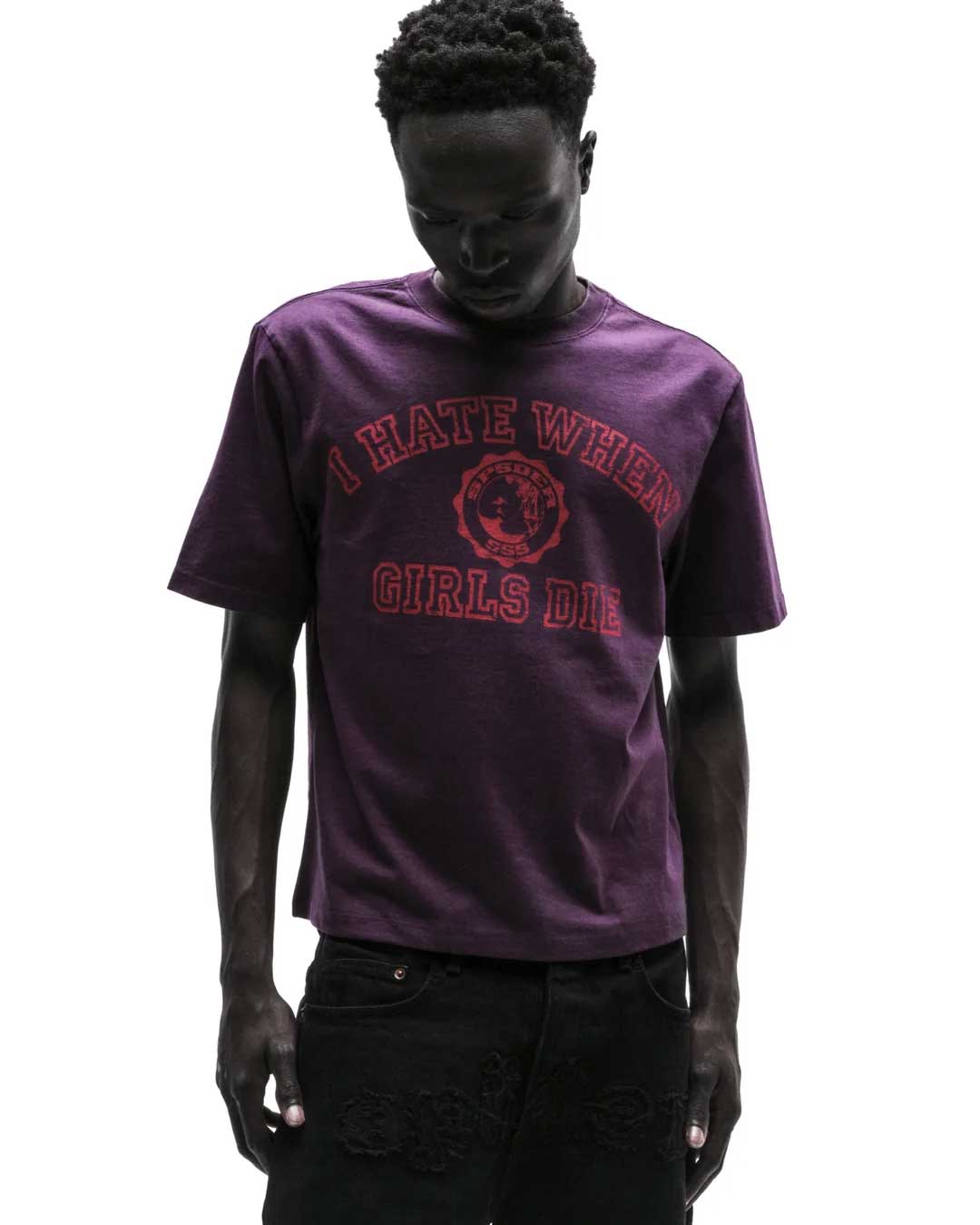 Sp5der I H8 When Girls Die Tee cardinal worn by a model, front view
