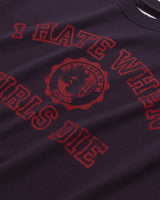 Sp5der I H8 When Girls Die Tee cardinal, close-up of the red varsity crest and I Hate When Girls Die lettering
