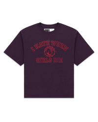 Sp5der I H8 When Girls Die Tee cardinal, deep plum tee with red varsity crest and lettering, front view