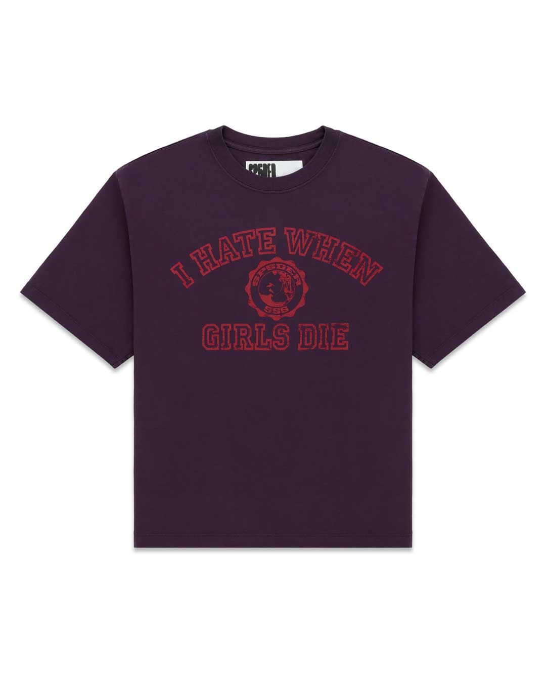 Sp5der I H8 When Girls Die Tee cardinal, deep plum tee with red varsity crest and lettering, front view